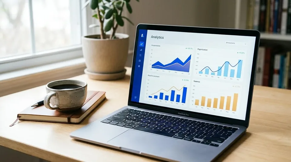 Analytics-Dashboard auf einem Laptop, Performance-Marketing-Kampagne.