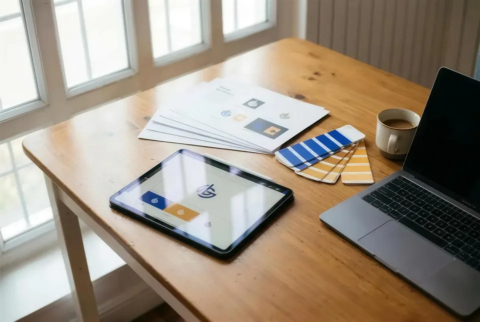 Designtools auf einem Schreibtisch, Markenauftritt für ein Start-up.