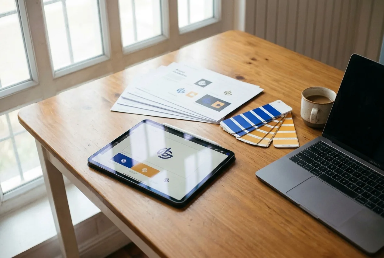 iPad Pro mit Apple Pencil zeigt Logo- und Brand-Design, daneben Farbfächer und ein MacBook.
