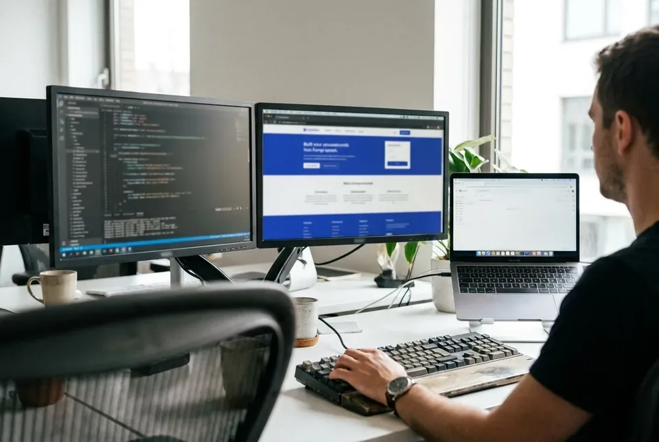 Mehrere Monitore mit Code und Website-Vorschau an einem Entwickler-Arbeitsplatz.