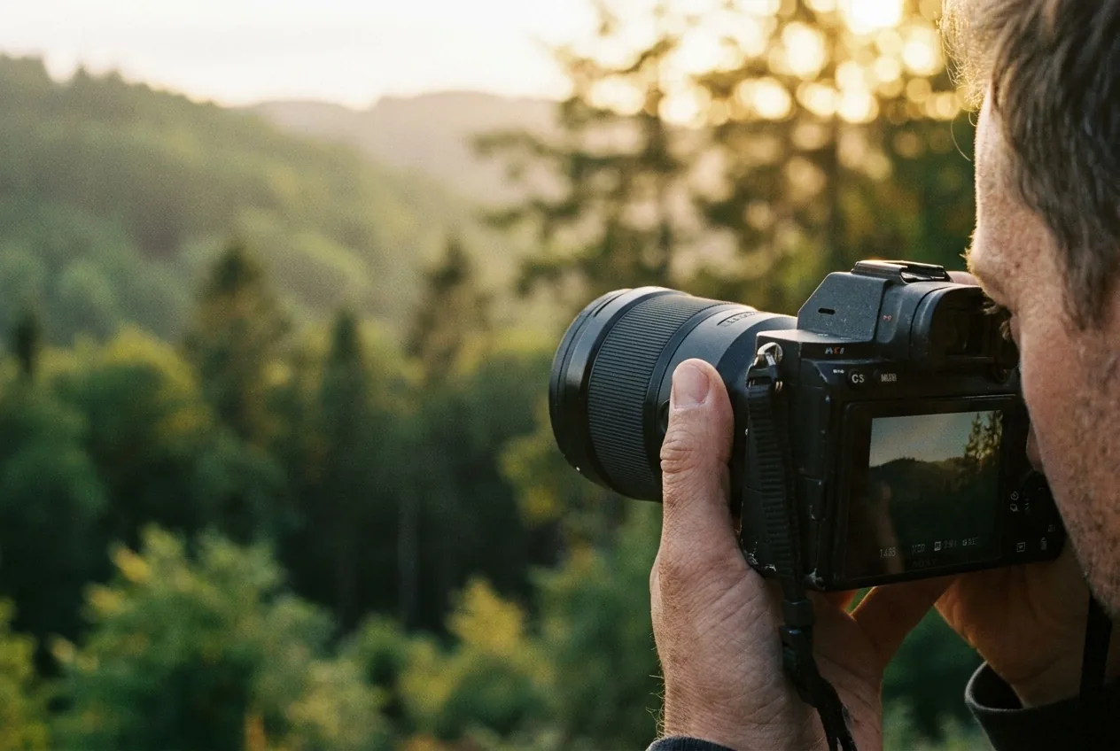 Hand hält eine Sony-Alpha-Kamera im Gegenlicht in den bewaldeten Hügeln des Siegerlands.