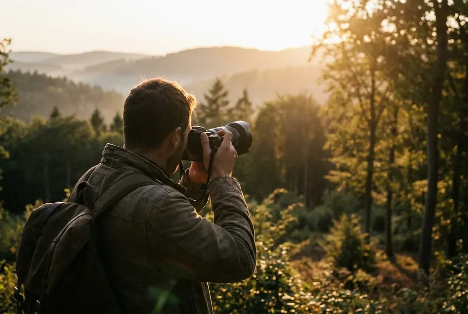 Fotograf von hinten mit Sony-Kamera in den Hügeln des Siegerlands bei Sonnenuntergang.