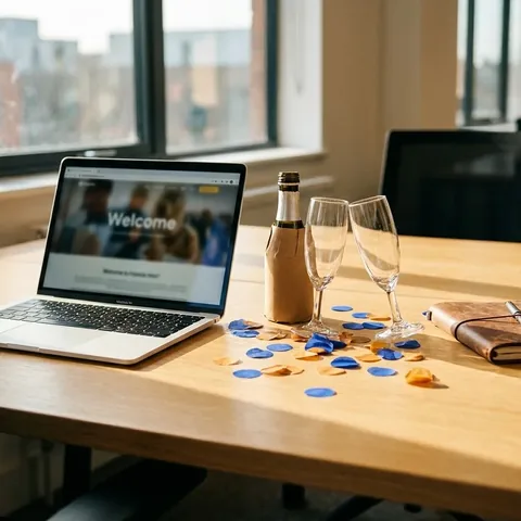 Schreibtisch-Moment nach einem erfolgreichen Launch mit Sekt, Gläsern und Konfetti.