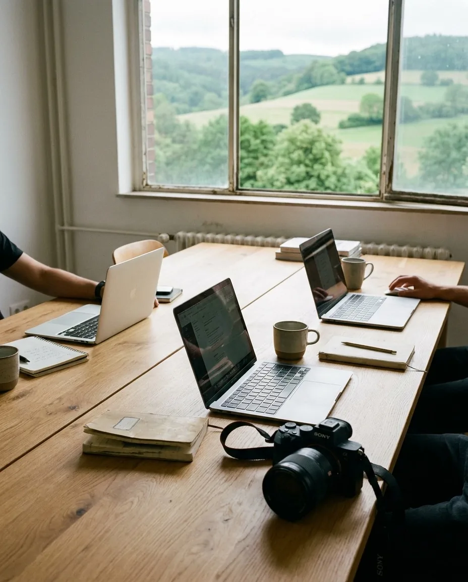 Heller Arbeitstisch mit MacBooks und einer Sony-Kamera, Fenster mit Blick auf die grünen Hügel des Siegerlands.