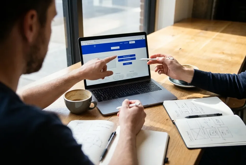 Zwei Personen besprechen am MacBook ein Website-Design, ihre Hände zeigen auf den Bildschirm.