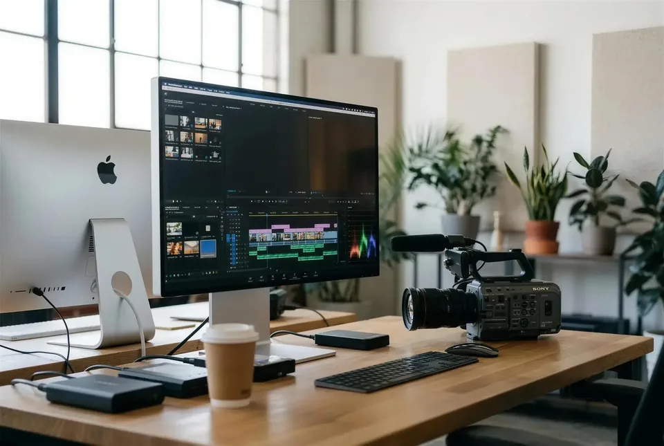 Videoschnitt-Timeline auf einem Apple-Display, Postproduktion eines Imagefilms.