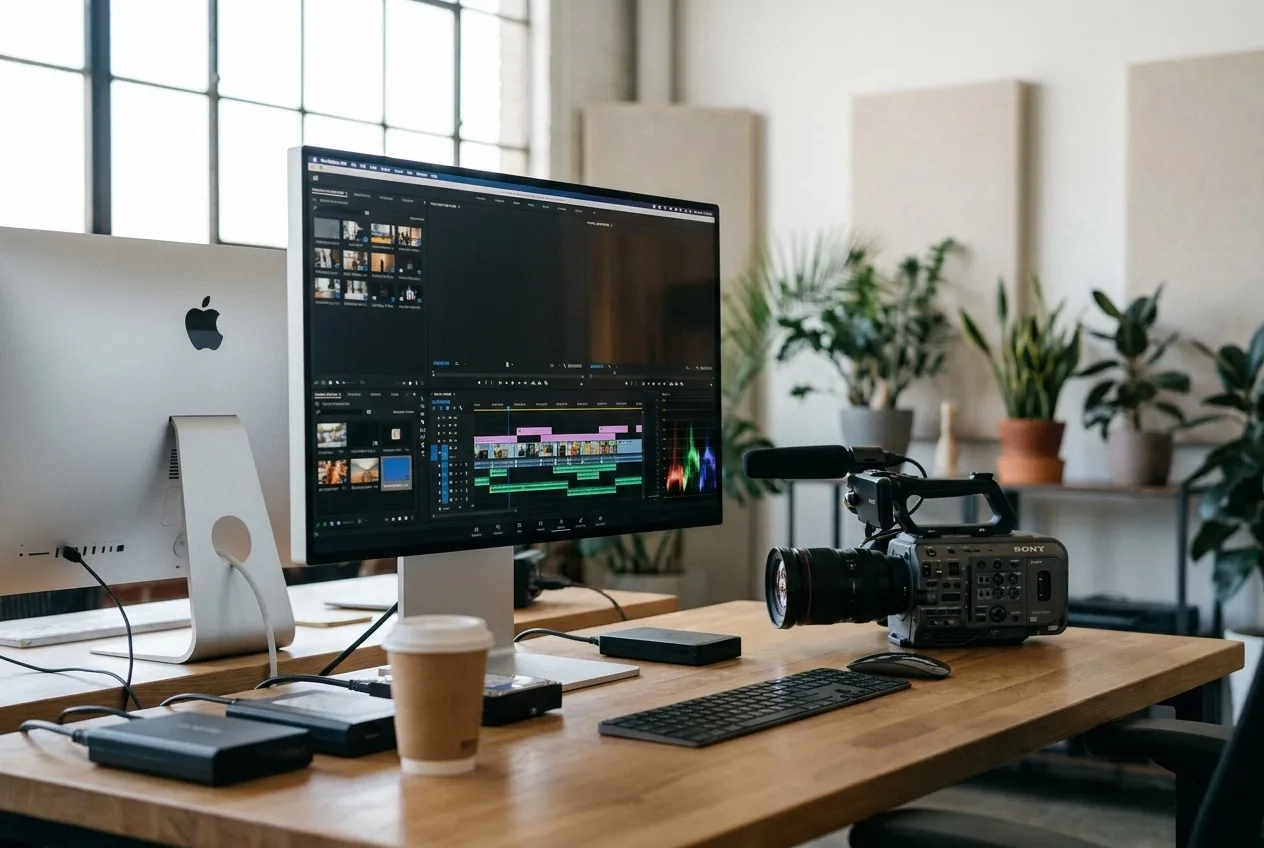 Videoschnitt-Timeline mit bunten Clips auf einem Apple-Display, daneben eine Sony-Kamera.