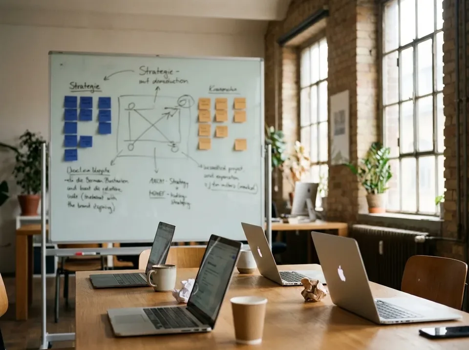 Helles Workshop-Zimmer mit Whiteboard voller Strategie-Skizzen und Notizzetteln, MacBooks auf dem Tisch.