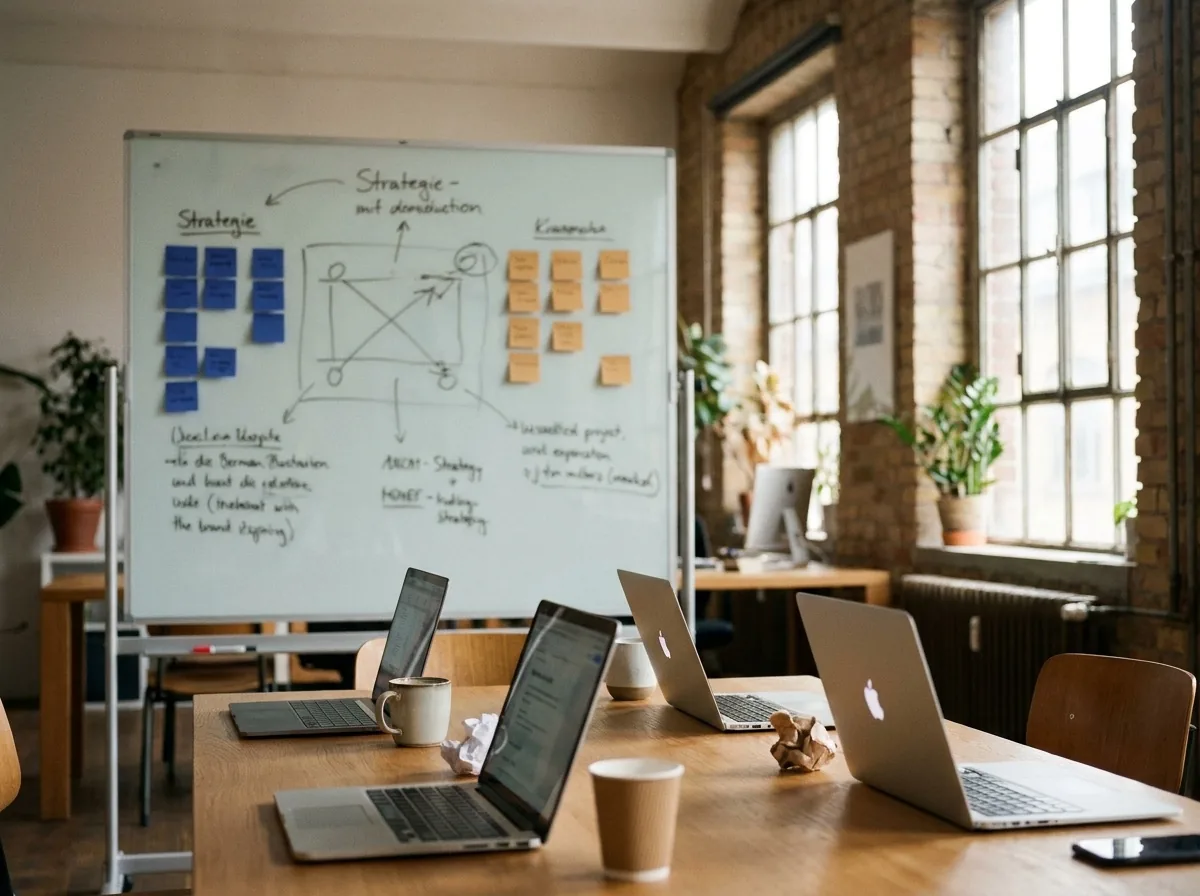 Helles Workshop-Zimmer mit Whiteboard voller Strategie-Skizzen und Notizzetteln, MacBooks auf dem Tisch.